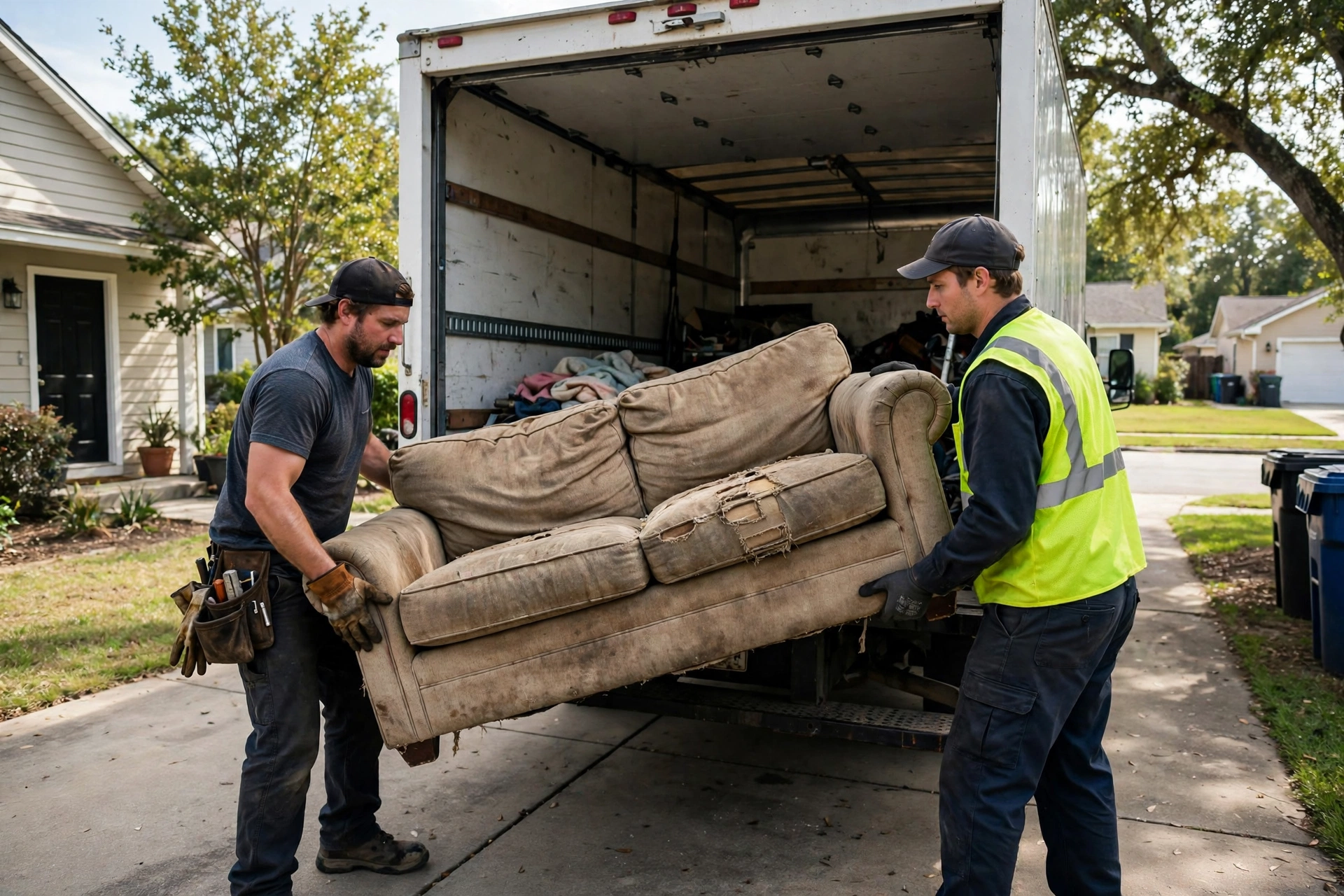 Junk removal crew loading an old sofa into a truck in a Silverdale driveway