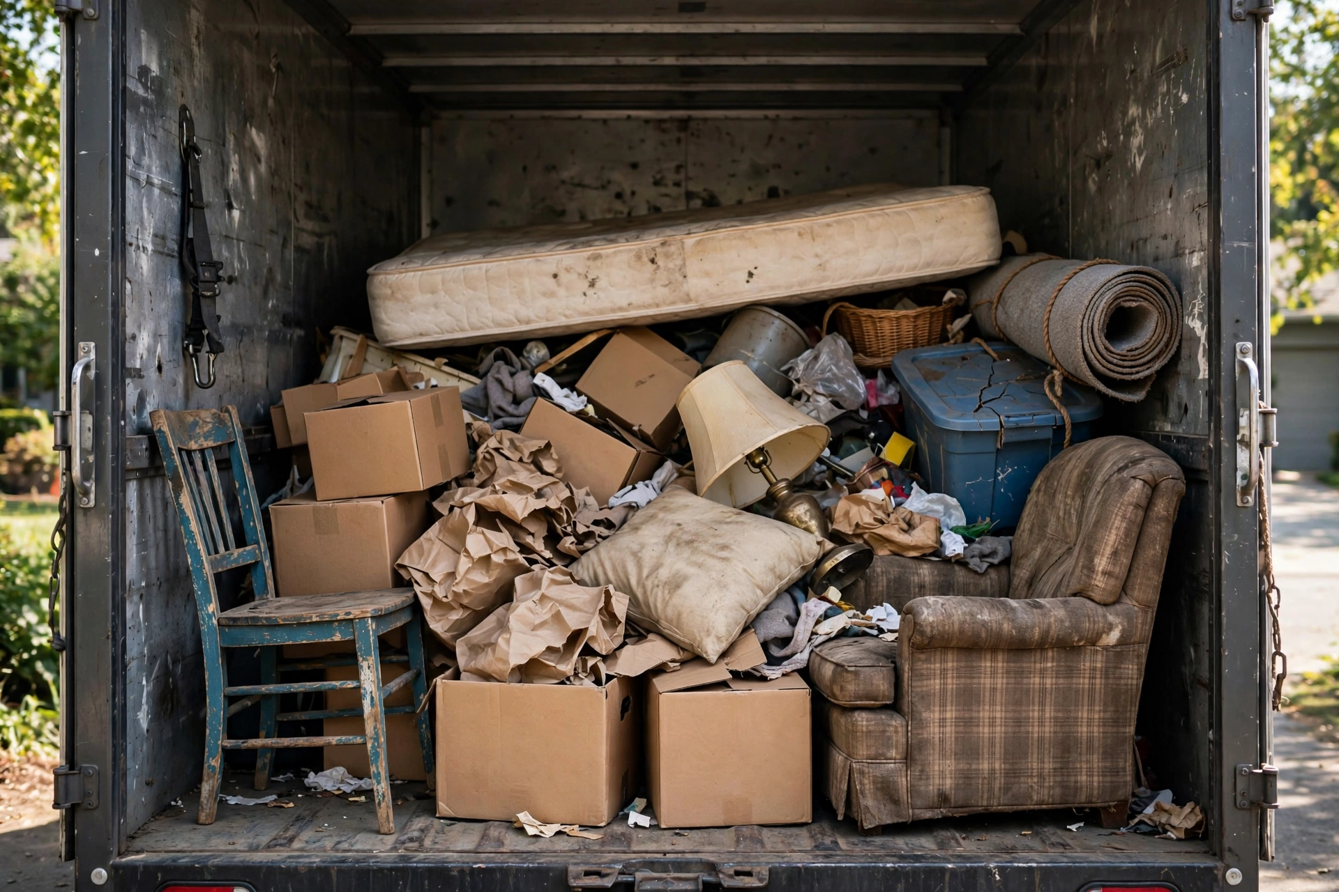 Inside a junk removal truck showing a half load of mixed household items