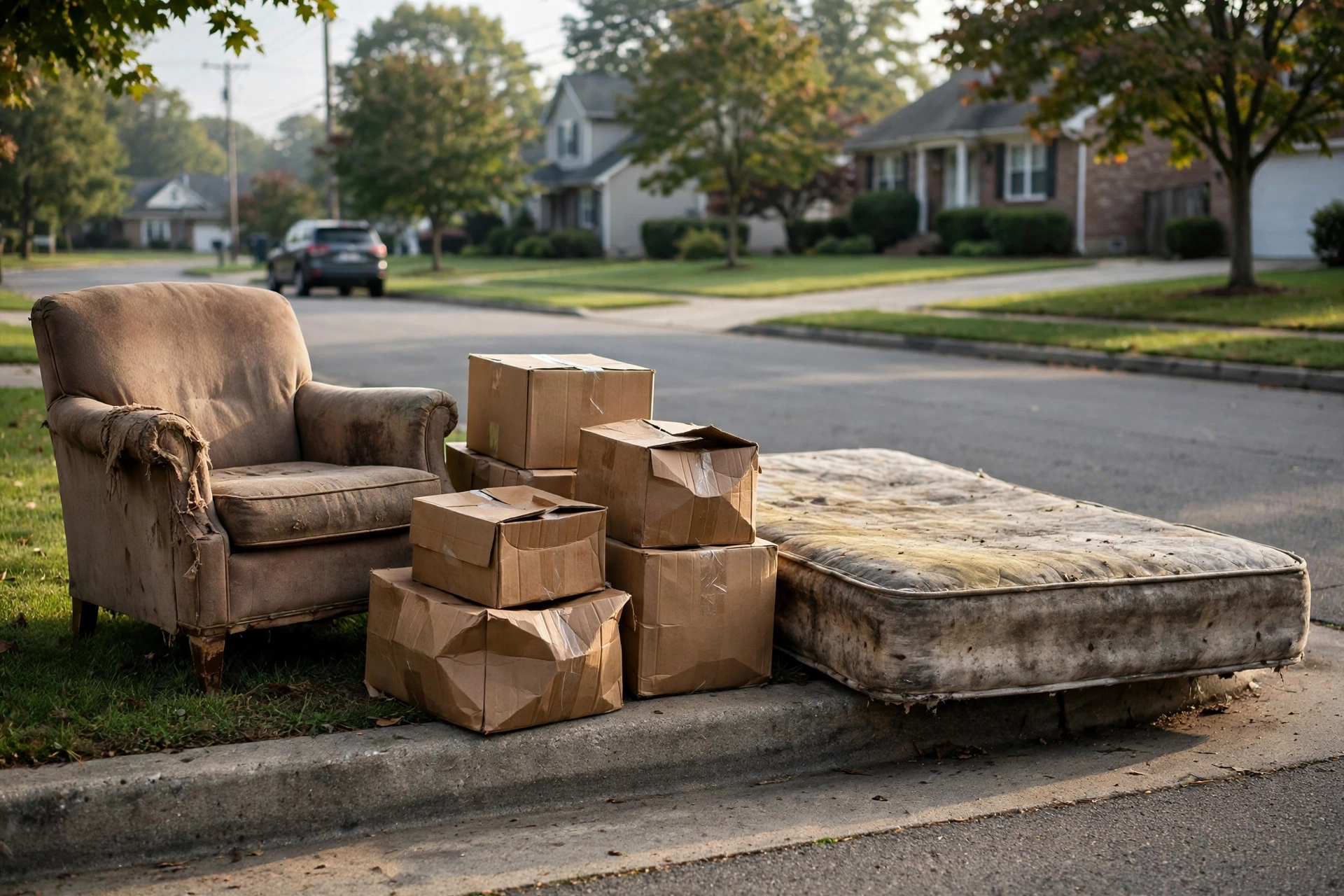 Mattress, armchair and boxes at a curb awaiting pickup in Silverdale