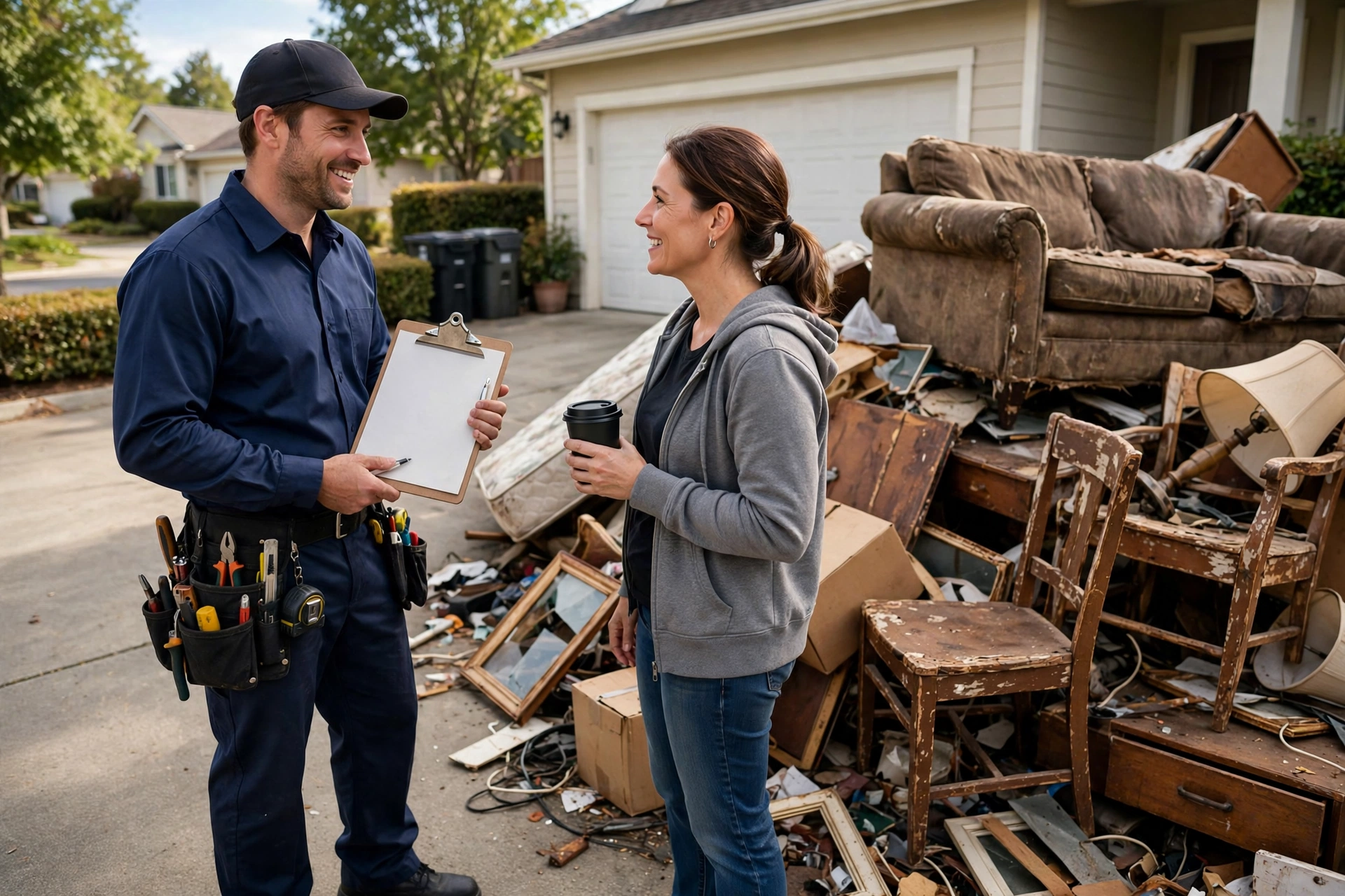 Junk removal crew member discussing an on-site estimate with a homeowner
