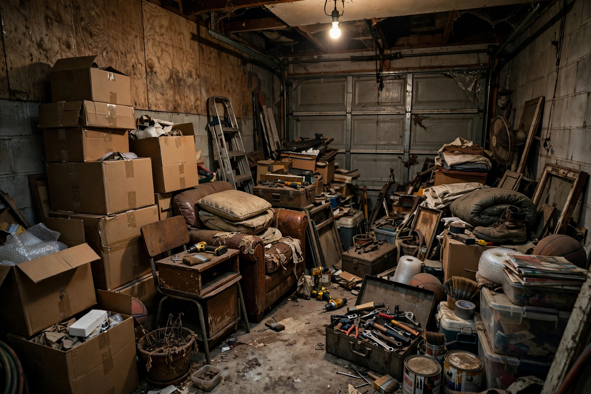 A cluttered residential garage packed with boxes, old furniture and tools