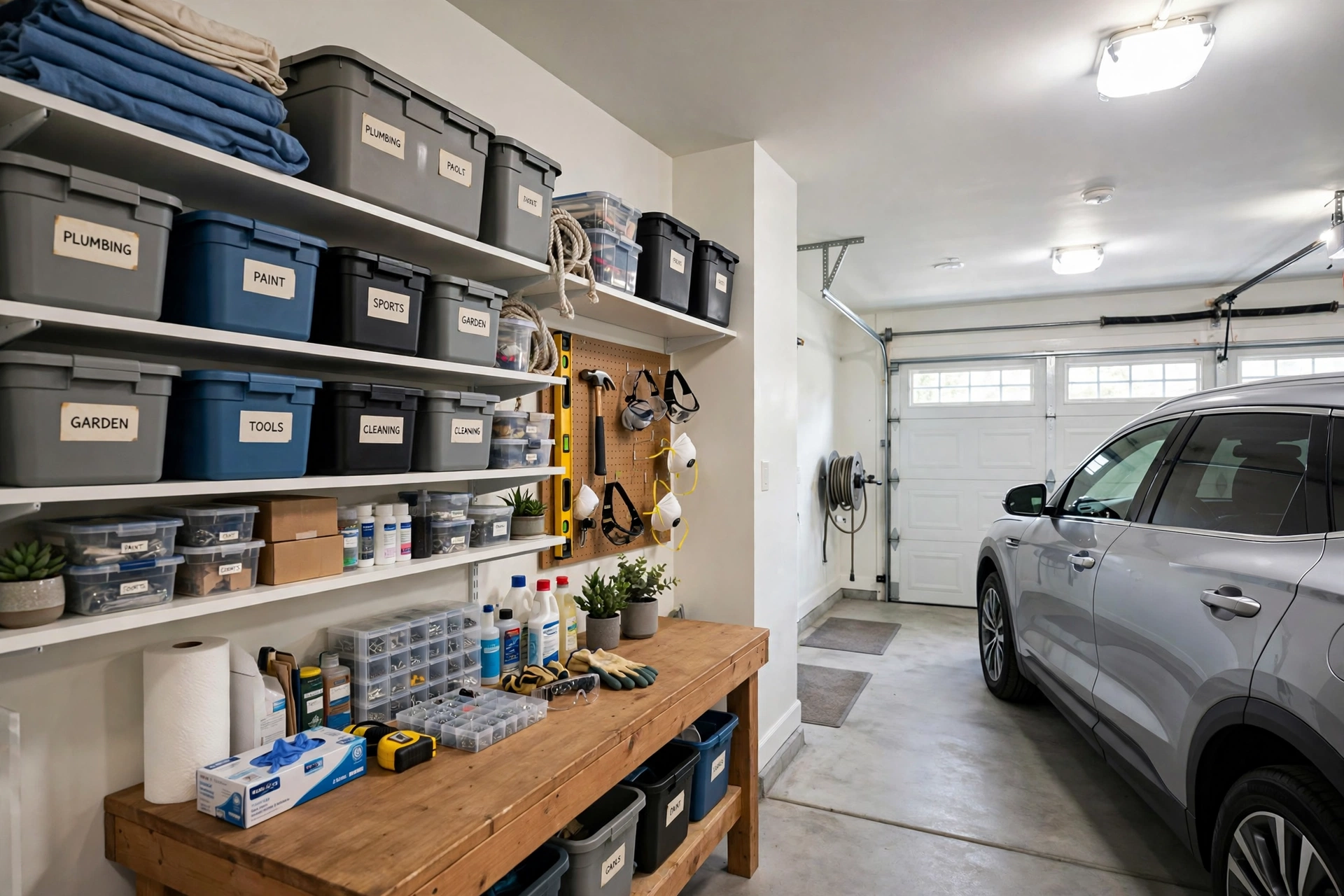 A clean organized garage with tools on wall organizers and labeled storage bins