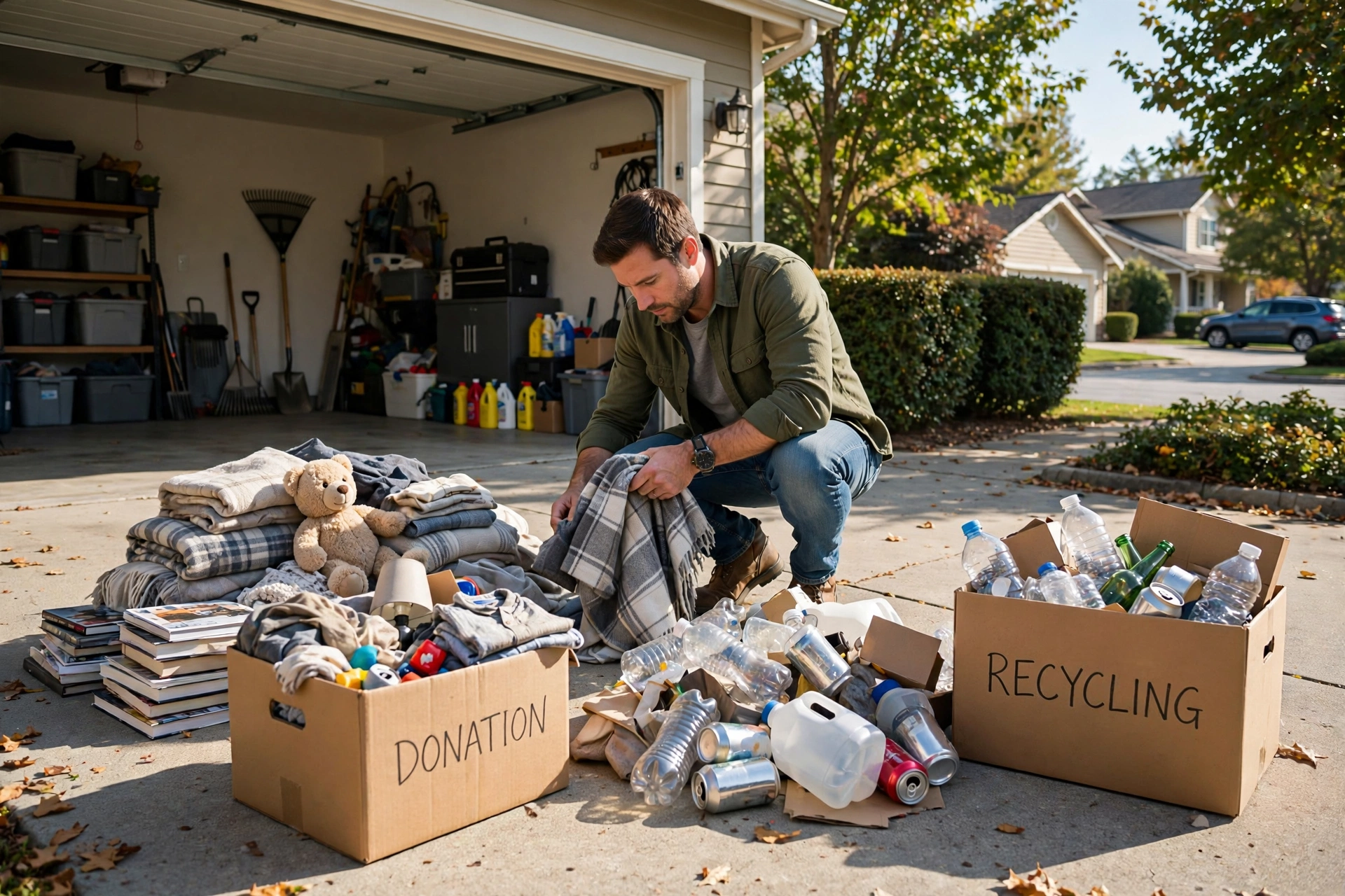 Homeowner sorting garage items into labeled boxes for donate, recycle and trash