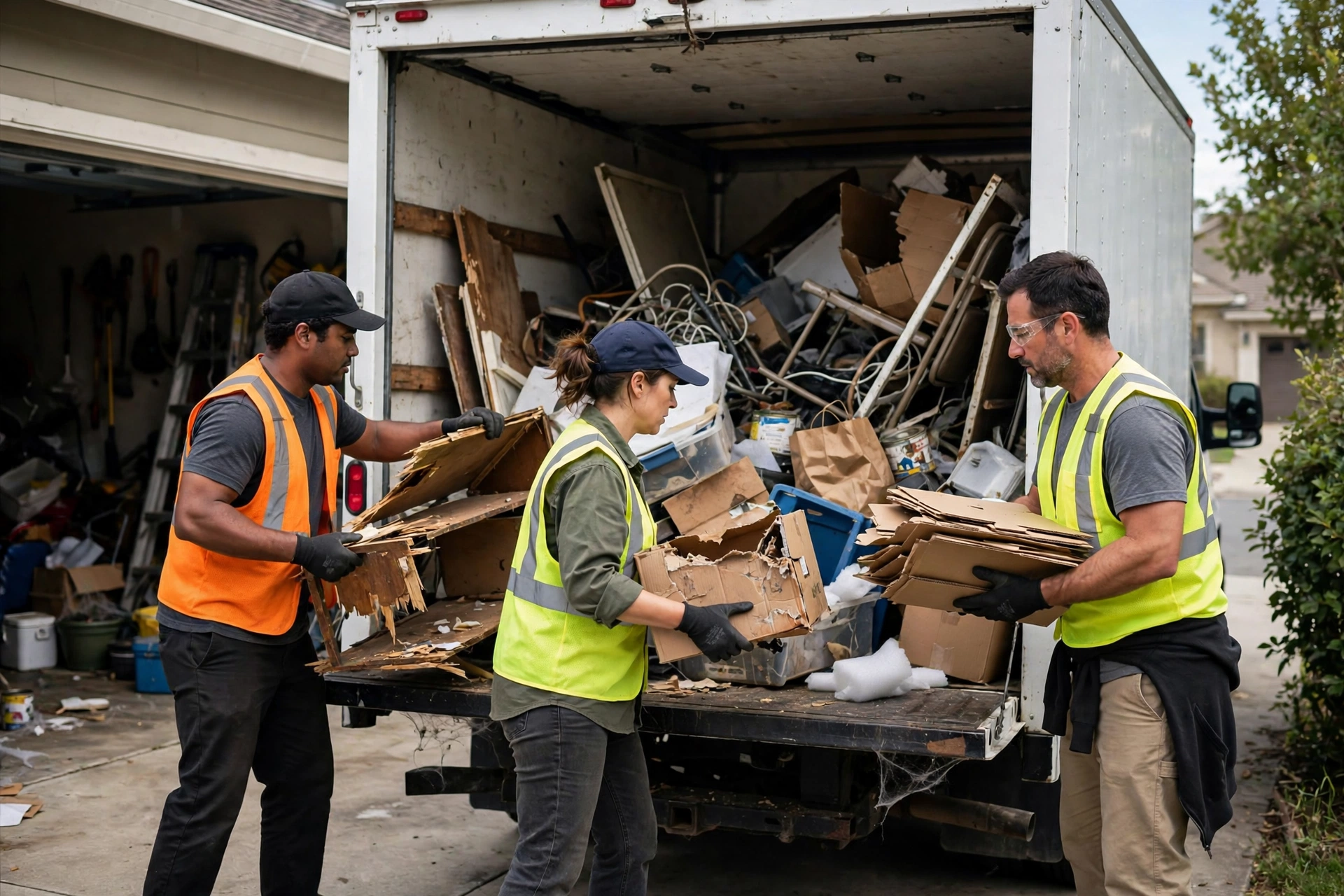 Junk removal crew loading garage cleanout debris into a truck