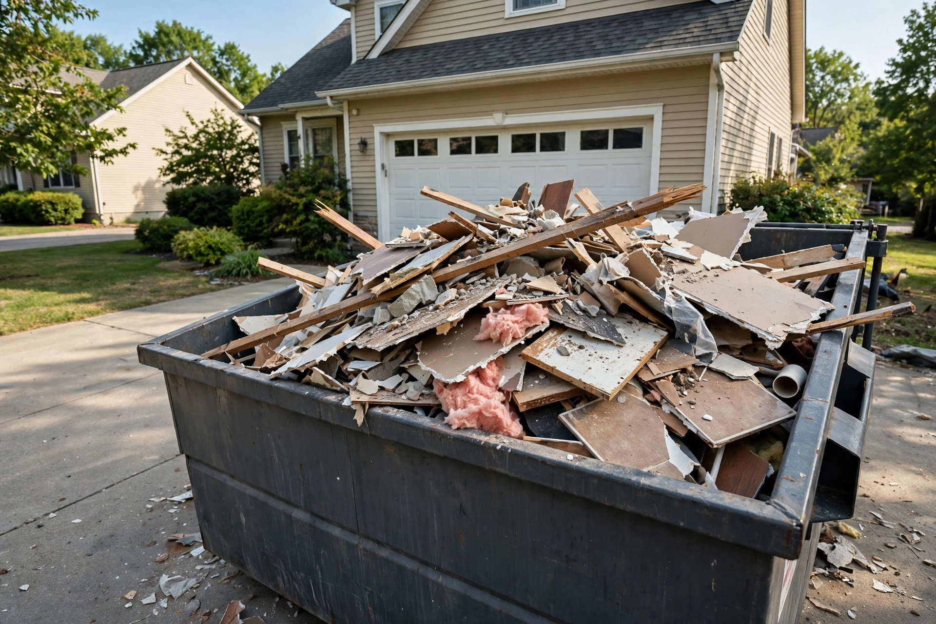 A rented dumpster in a residential driveway filled with renovation debris