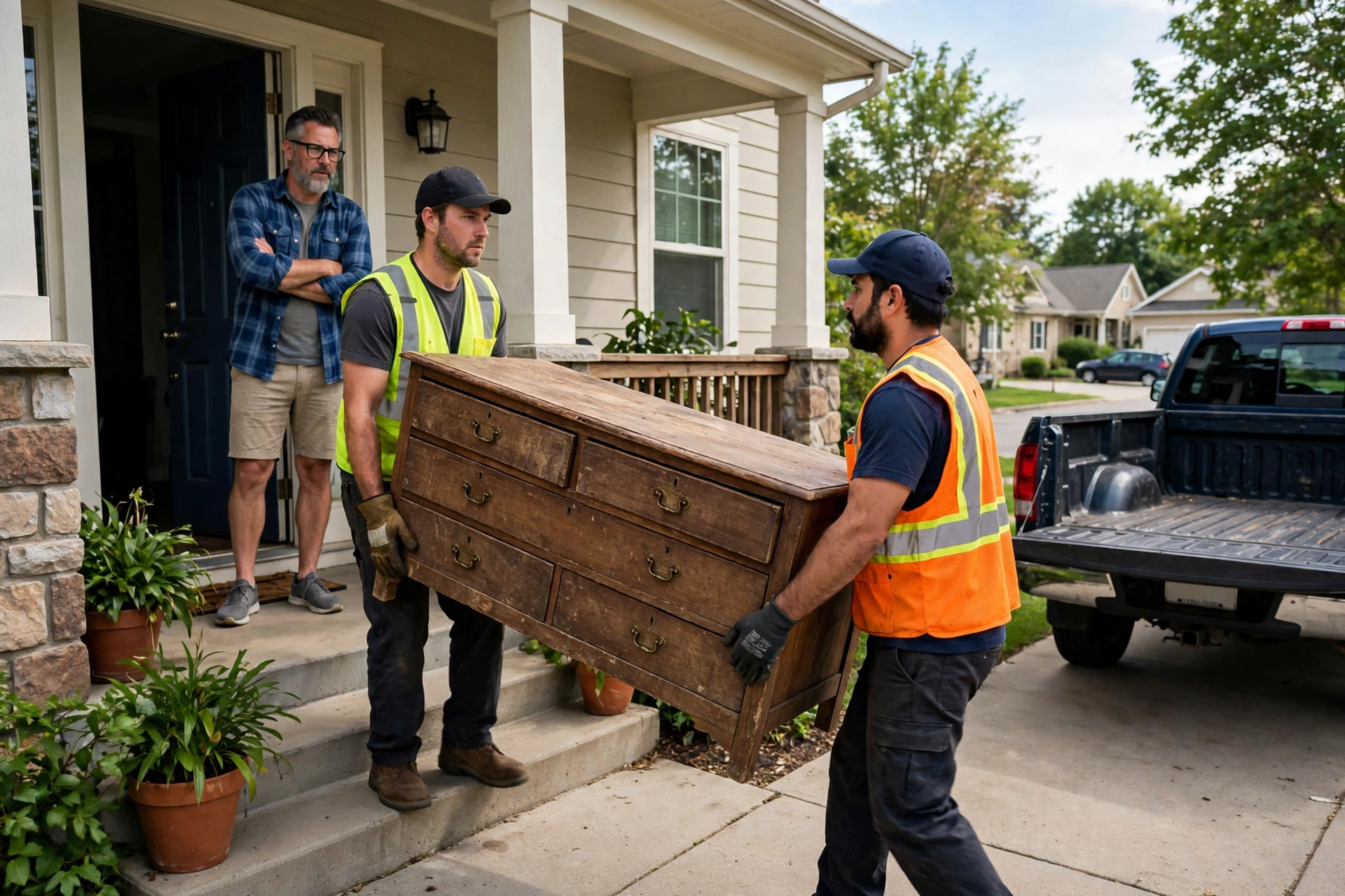 Junk removal crew carrying a dresser out of a house to their truck