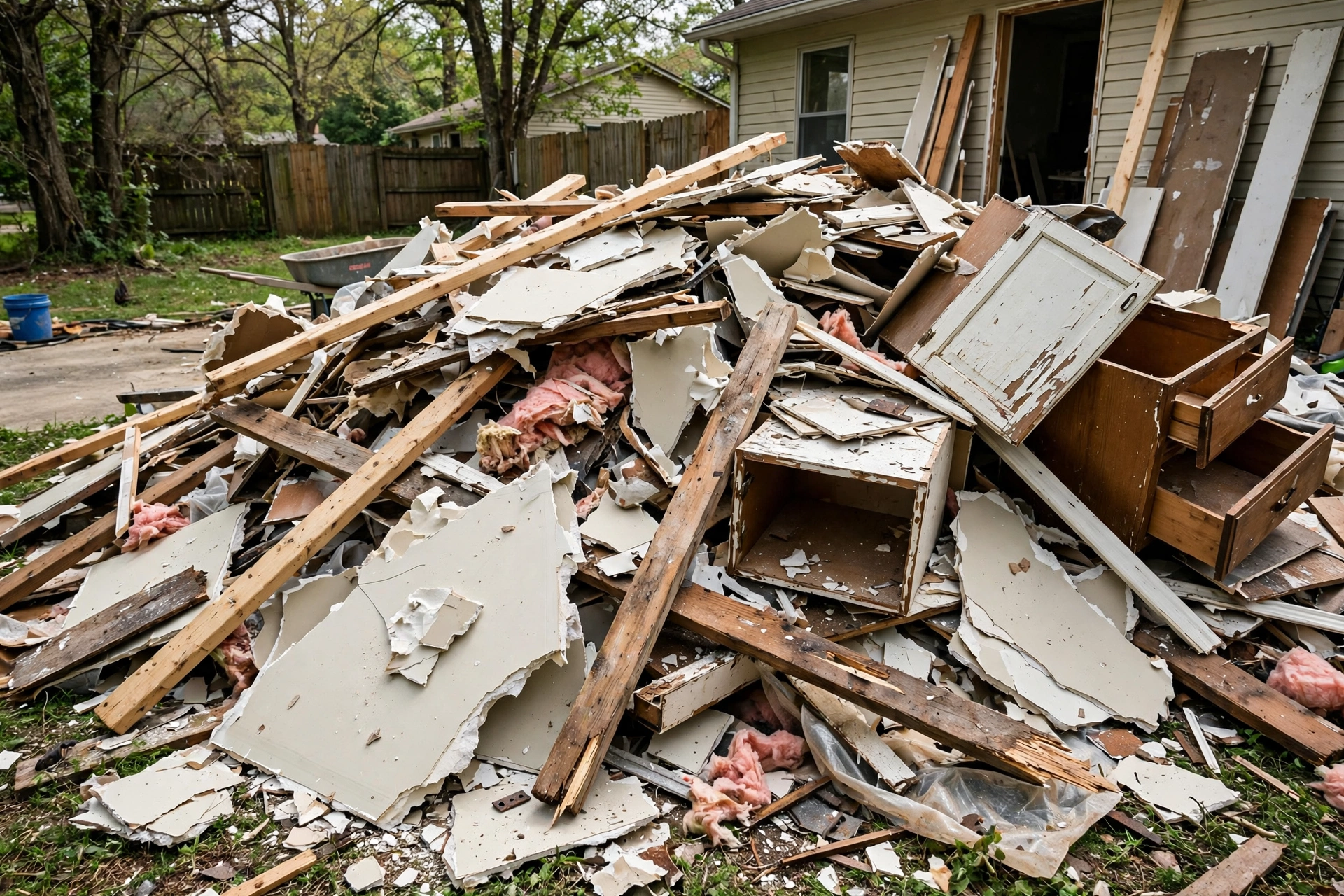 Pile of construction debris in a yard during a home renovation